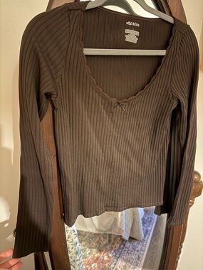 wild fable Chocolate Brown Ribbed Long-Sleeve Scoop Neck Top